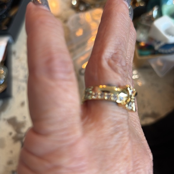 Celine Gold-Tone Statement Ring gorgeous ornate style w/ crystals 14k White Gold - Picture 6 of 8